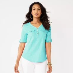 Women's Croft & Barrow® Roll-Tab Utility Henley Top