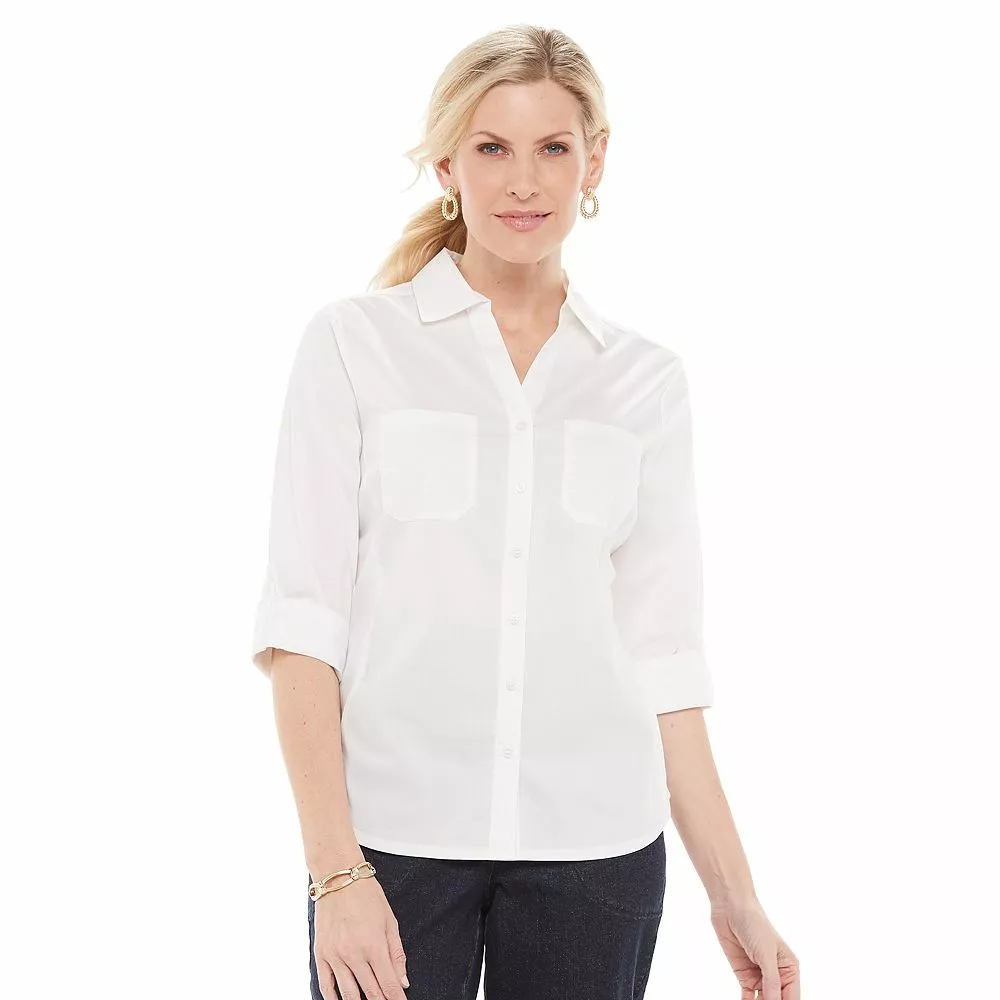 Petite Croft & Barrow® Knit-To-Fit Roll Tab Sleeve Shirt