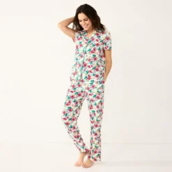 Petite Croft & Barrow® Short Sleeve Pajama Shirt & Pajama Pants Sleep Set
